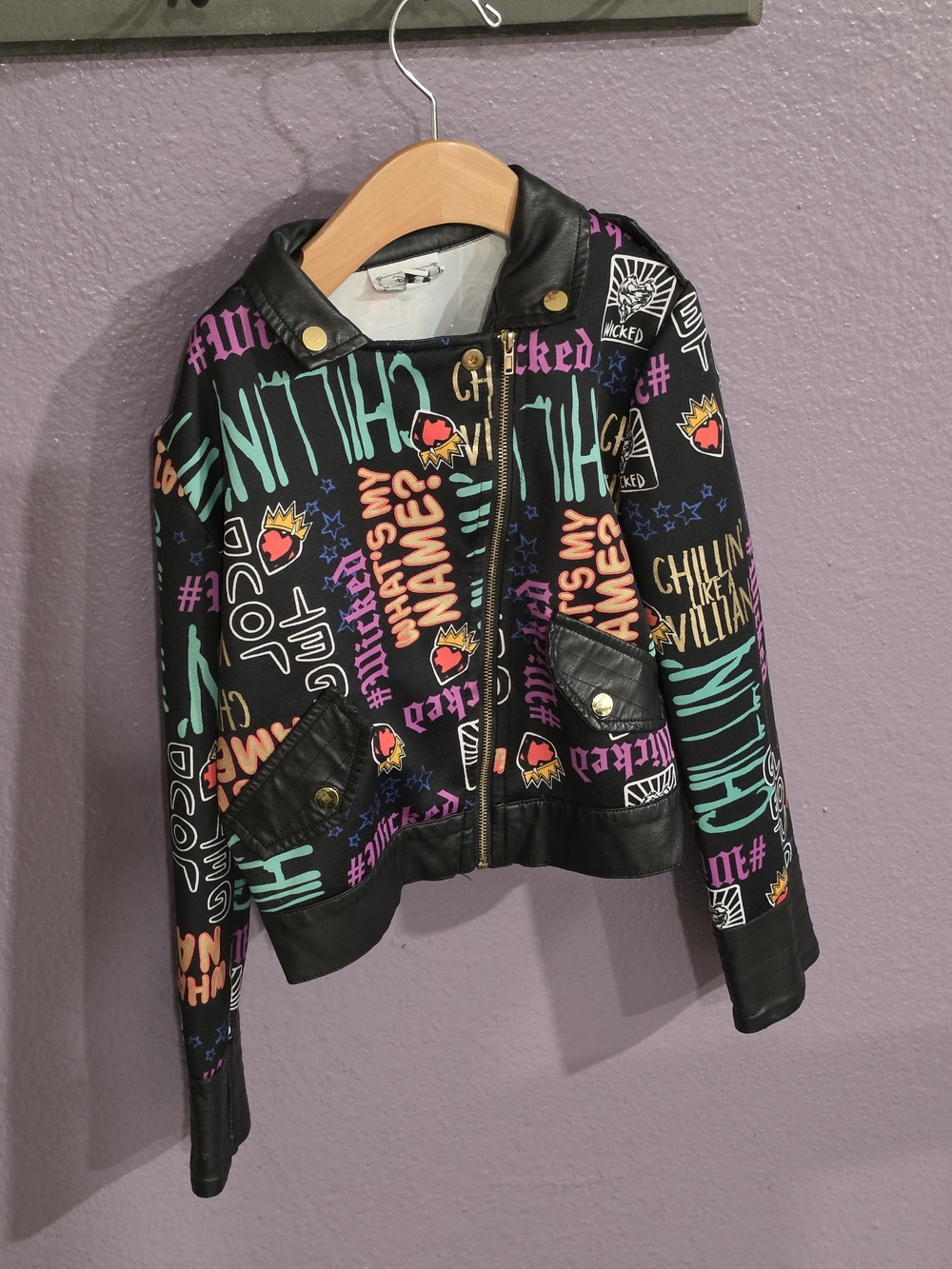 Disney D-Signed Descendants Graffiti Faux Leather Moto Jacket Girls Size XS 6